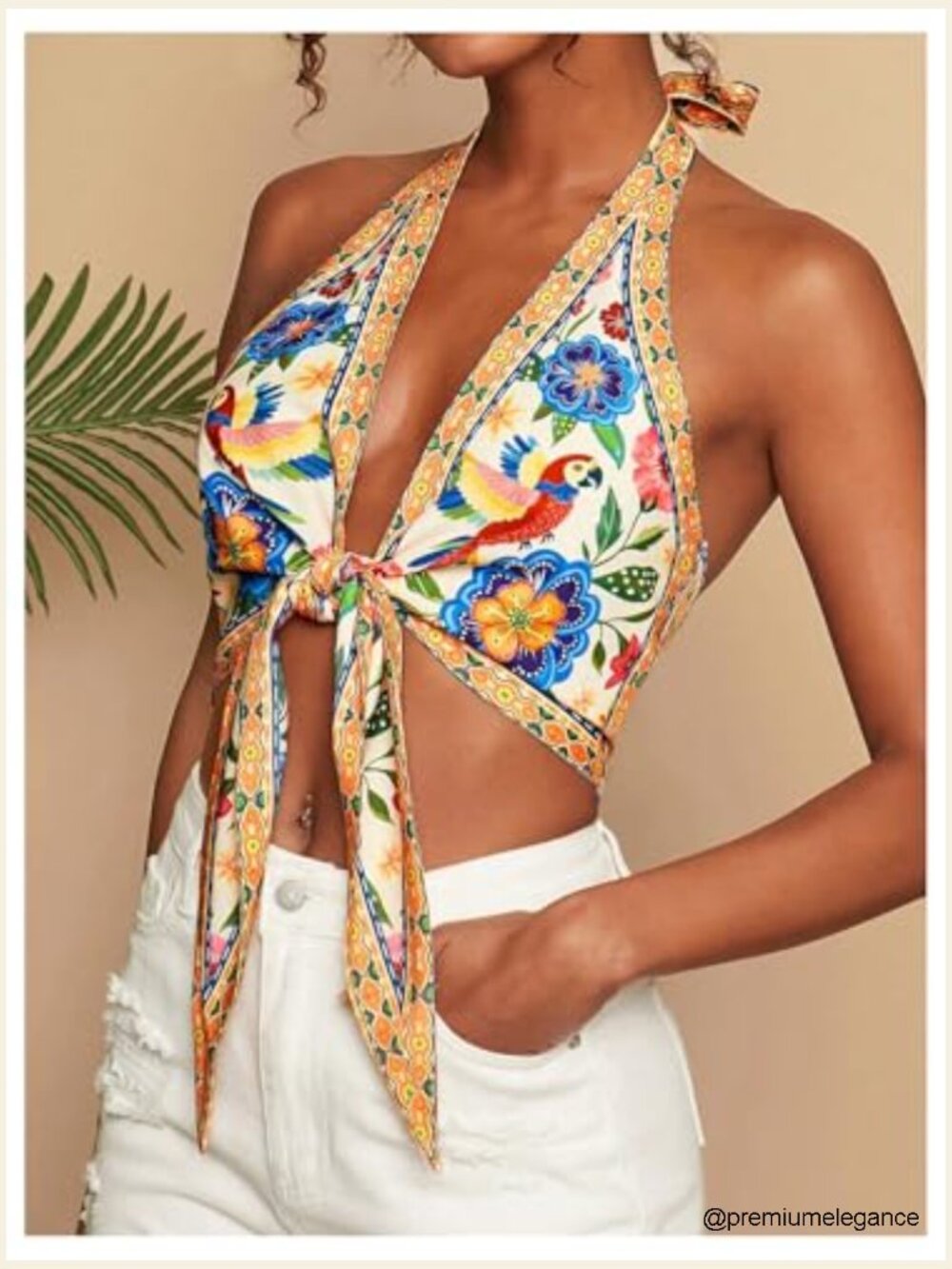 Floral Halter Crop Top Backless Tie Front Summer Blouse - Picture 2 of 5
